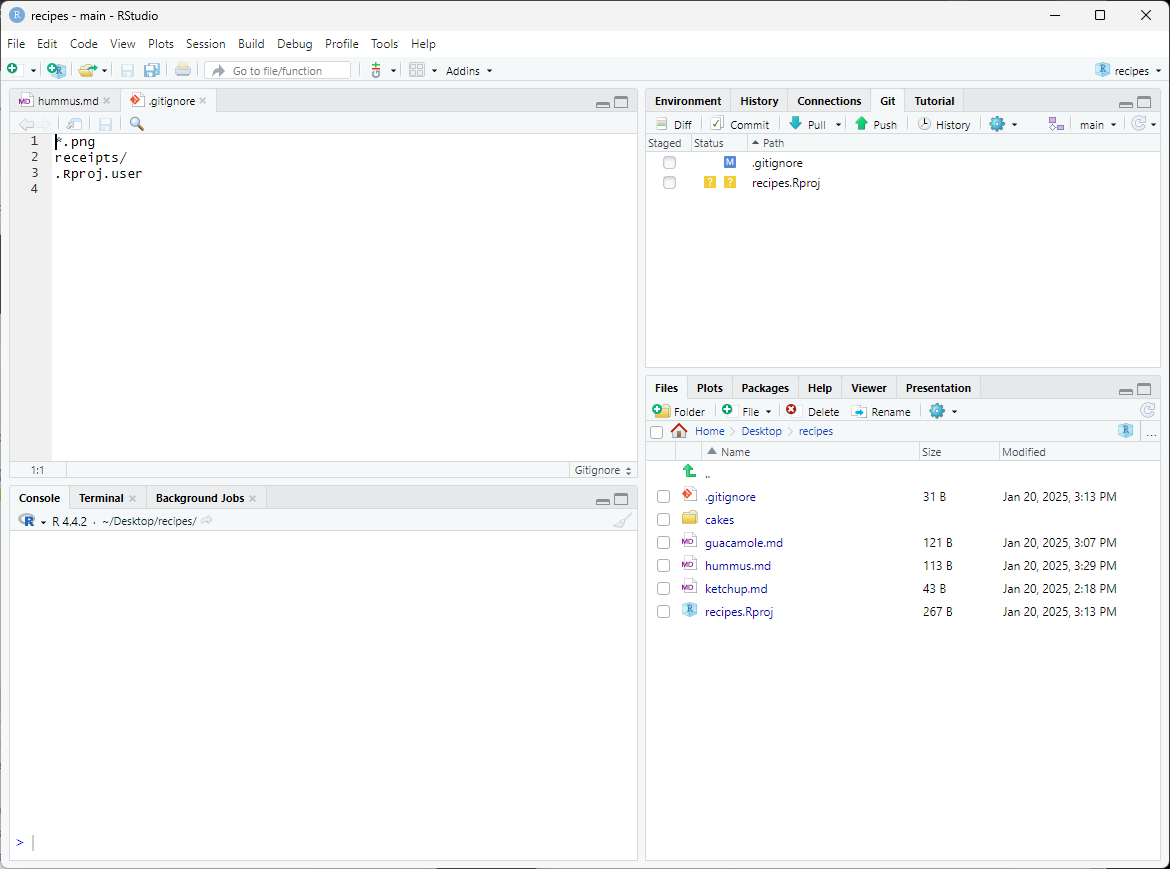RStudio screenshot showing .gitignore open in the editor pane with the .Rproj.user folder added to the end.