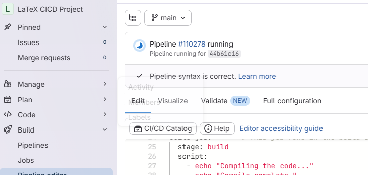 Screenshot of the pipeline status at the top of the GitLab Pipeline Editor page.