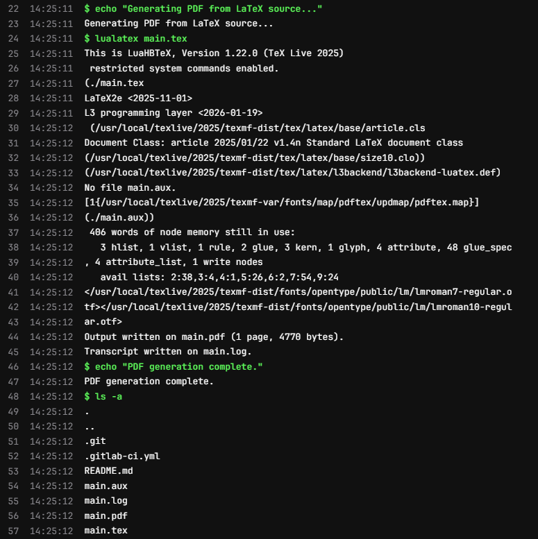 Output of lualatex command in CI/CD job