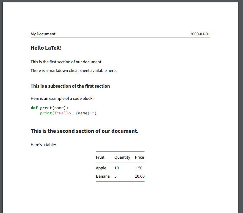 Screenshot of the PDF file generated by Pandoc from the Markdown source file with additional content.