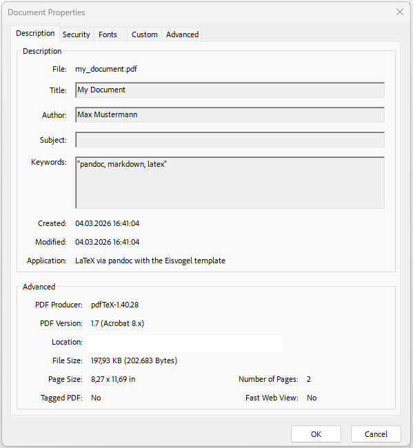 Screenshot of the document properties of the PDF file generated by Pandoc, showing the keywords that were added to the YAML front matter.