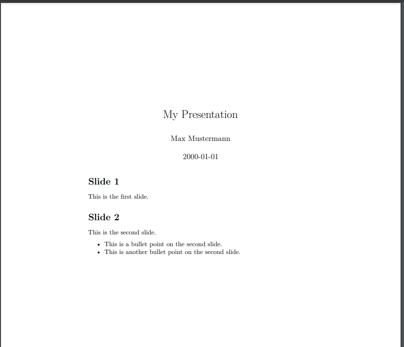 Screenshot of the presentation PDF file generated by Pandoc from the Markdown source file.