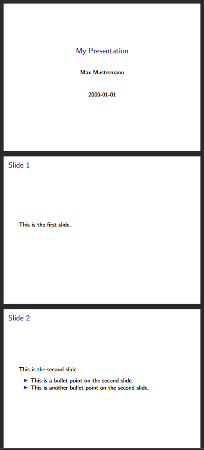 Screenshot of the presentation PDF file generated by Pandoc from the Markdown source file, using the beamer class.