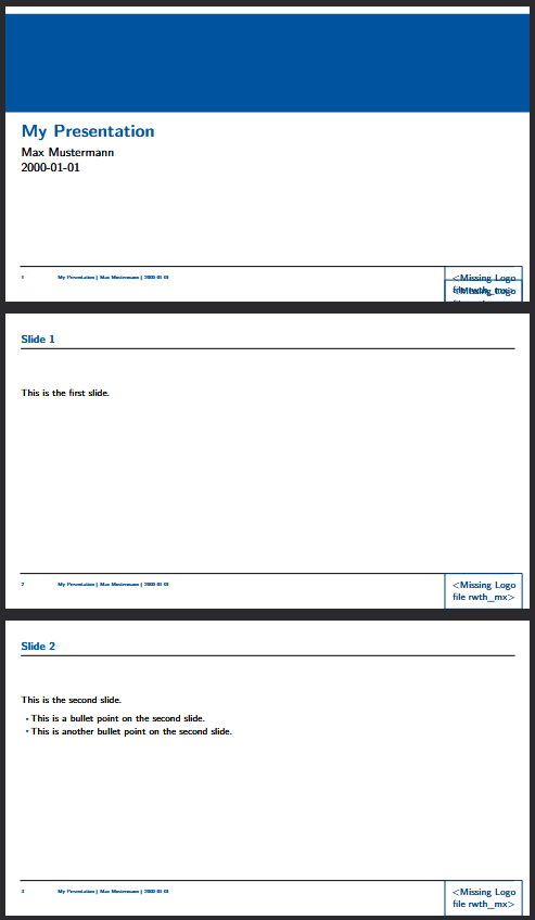 Screenshot of the presentation PDF file generated by Pandoc from the Markdown source file, using the RWTH beamer template.