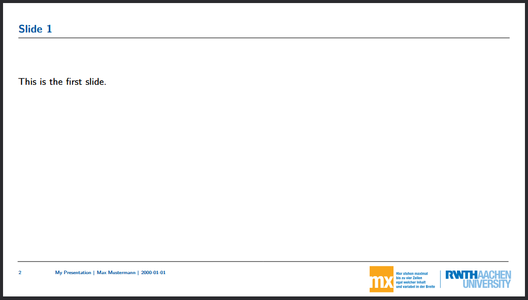 Screenshot of the presentation PDF file generated by Pandoc from the Markdown source file, using the RWTH beamer template with the logo file.
