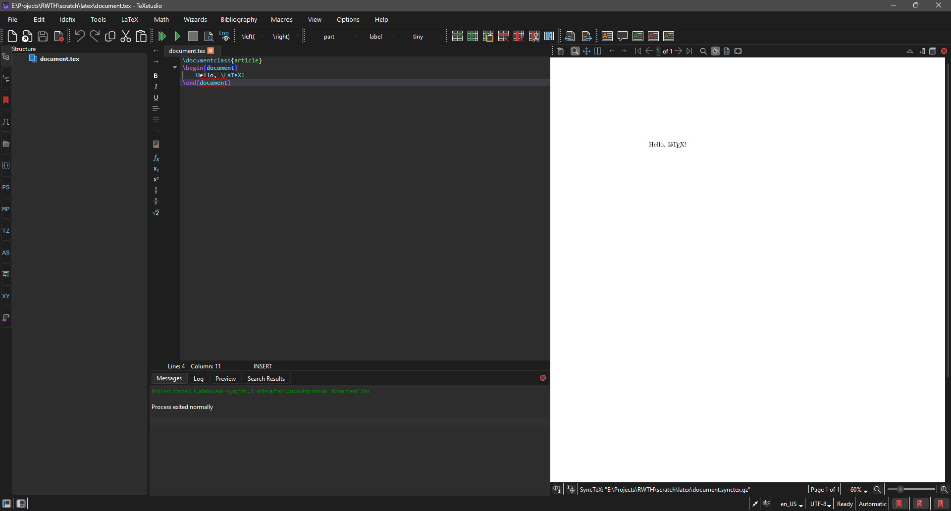 TeXStudio interface with the editor, preview pane, menu bar, toolbar, and status bar labeled.