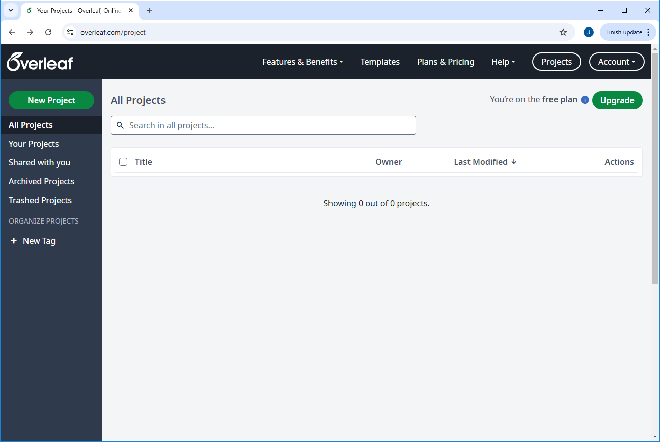 The Overleaf main page.