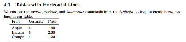 Example output of a table with horizontal lines