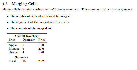 Example output of a table with merged cells