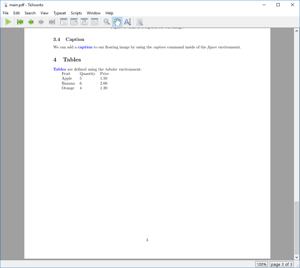 Example output of a simple table