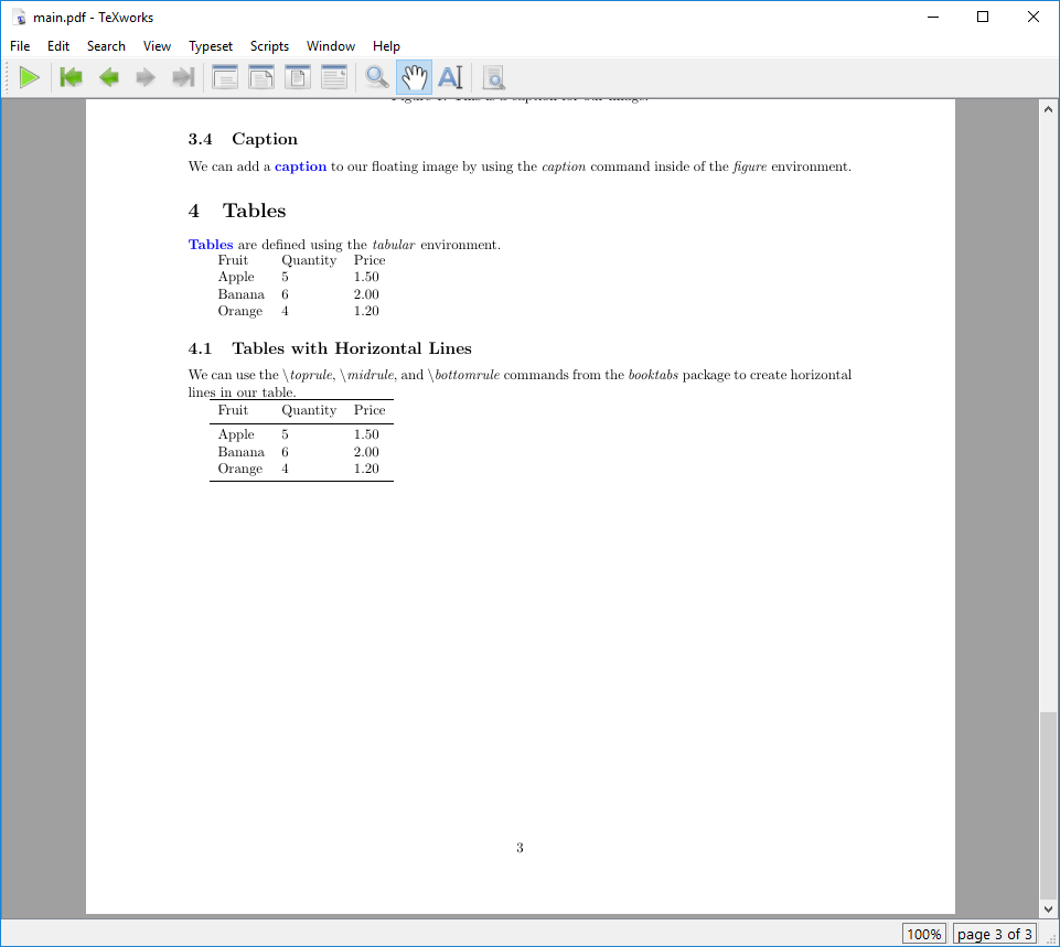 Example output of a table with horizontal lines