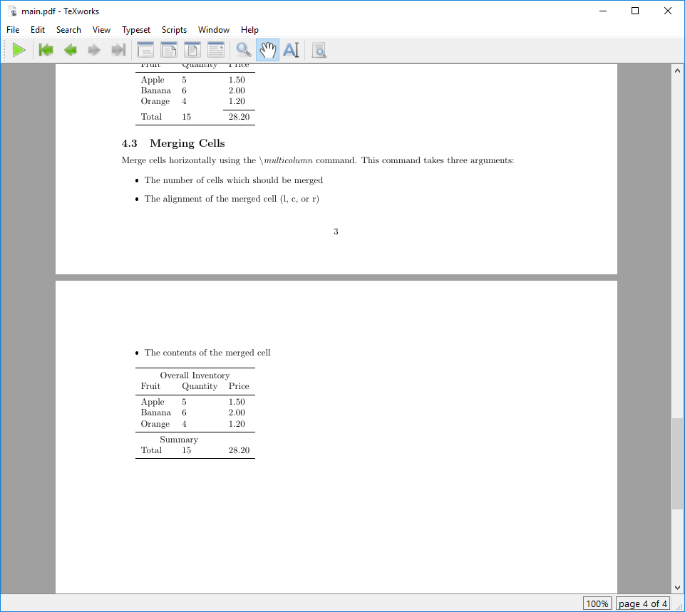 Example output of a table with merged cells