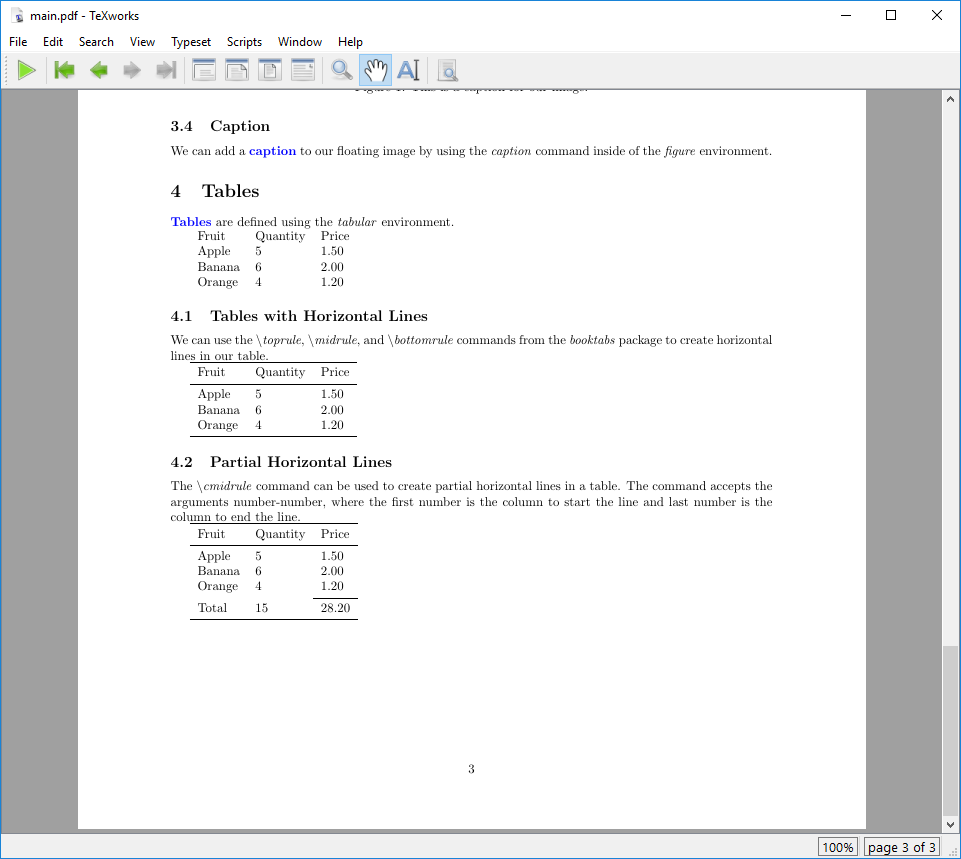 Example output of a table with partial lines
