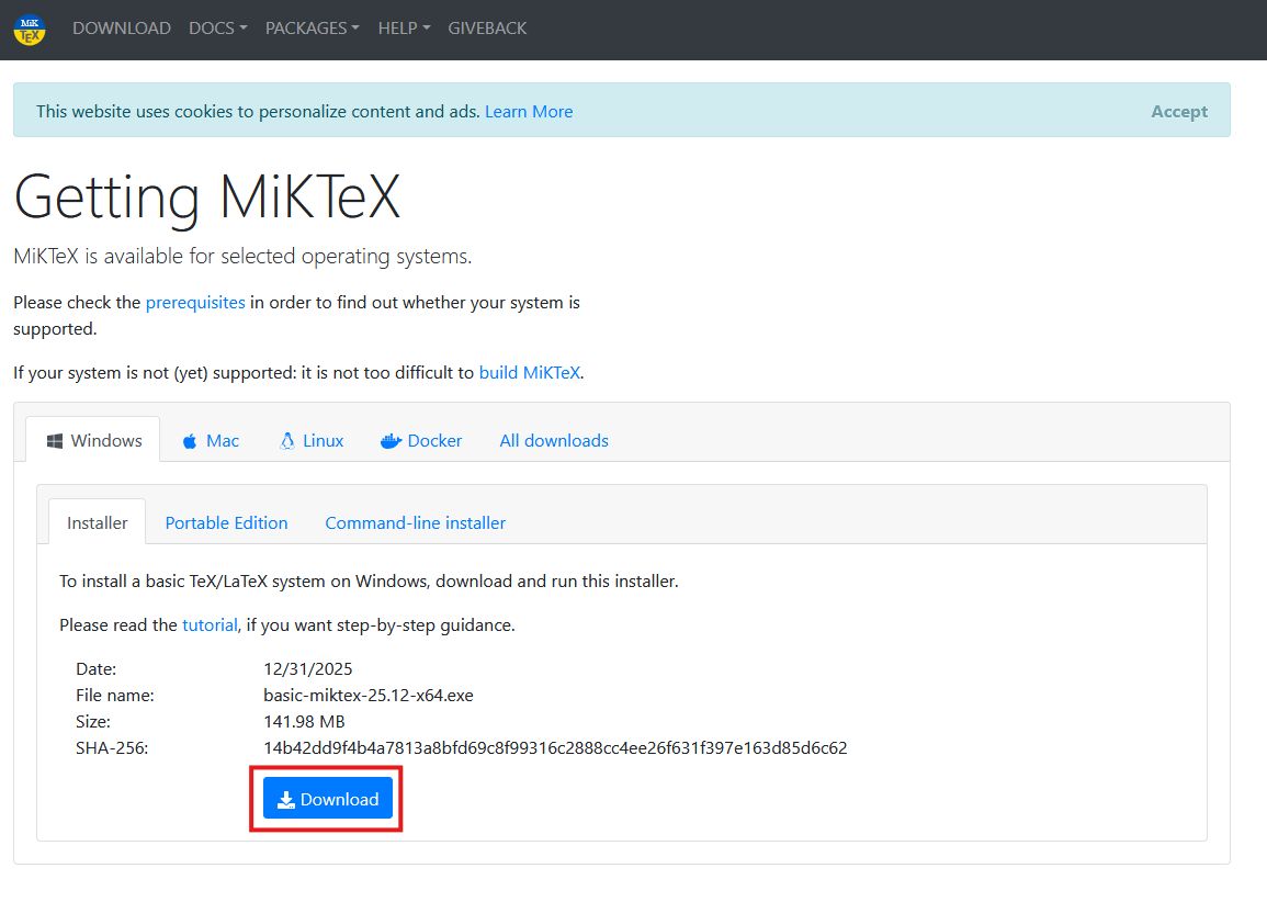 The MiKTeX download page showing the Windows installer option