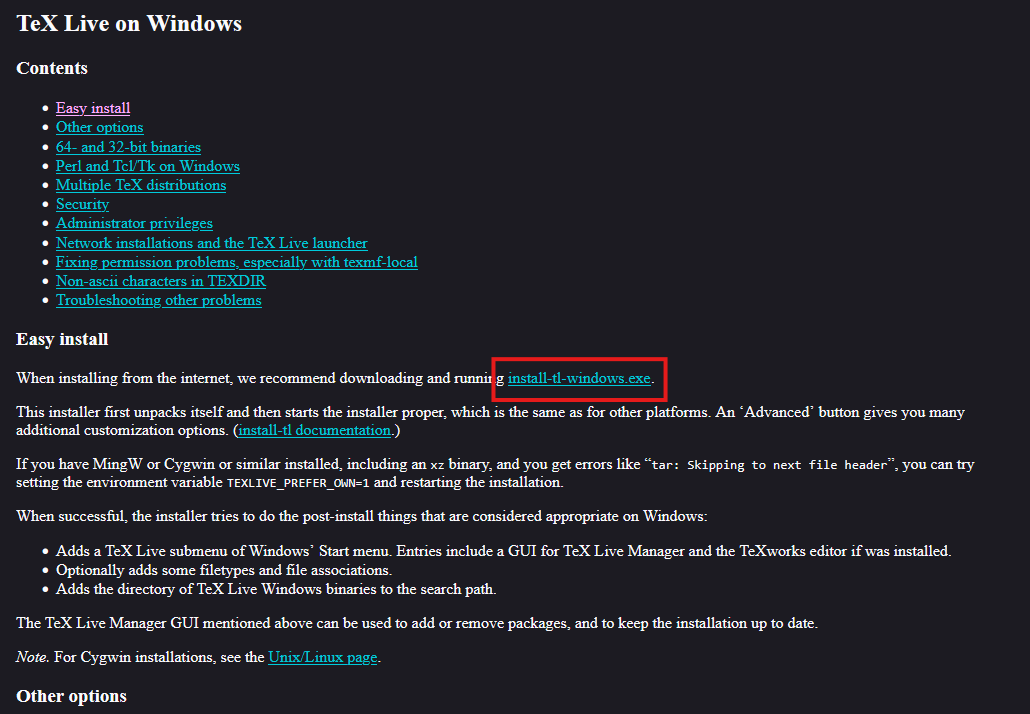 The TeX Live website download page showing the link to install-tl-windows.exe
