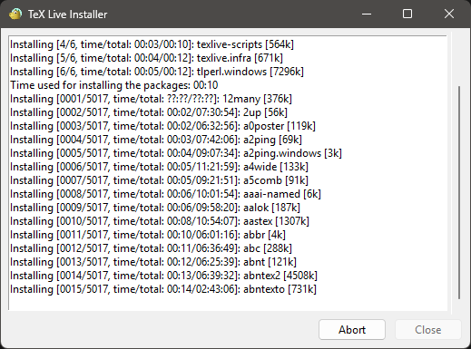 The TeX Live Installer window showing progress