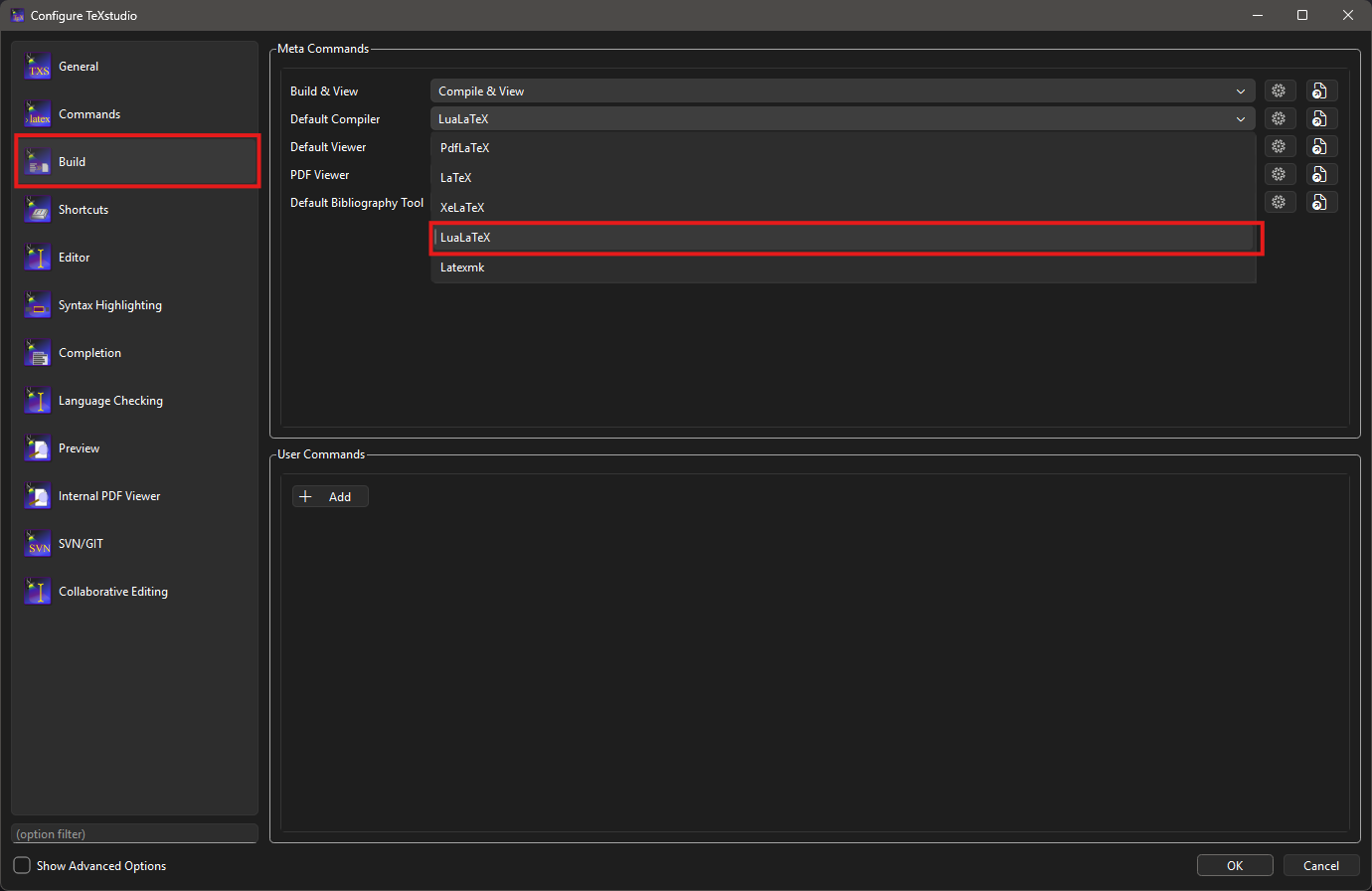 The TeXStudio Build configuration panel showing the Default Compiler drop-down set to LuaLaTeX