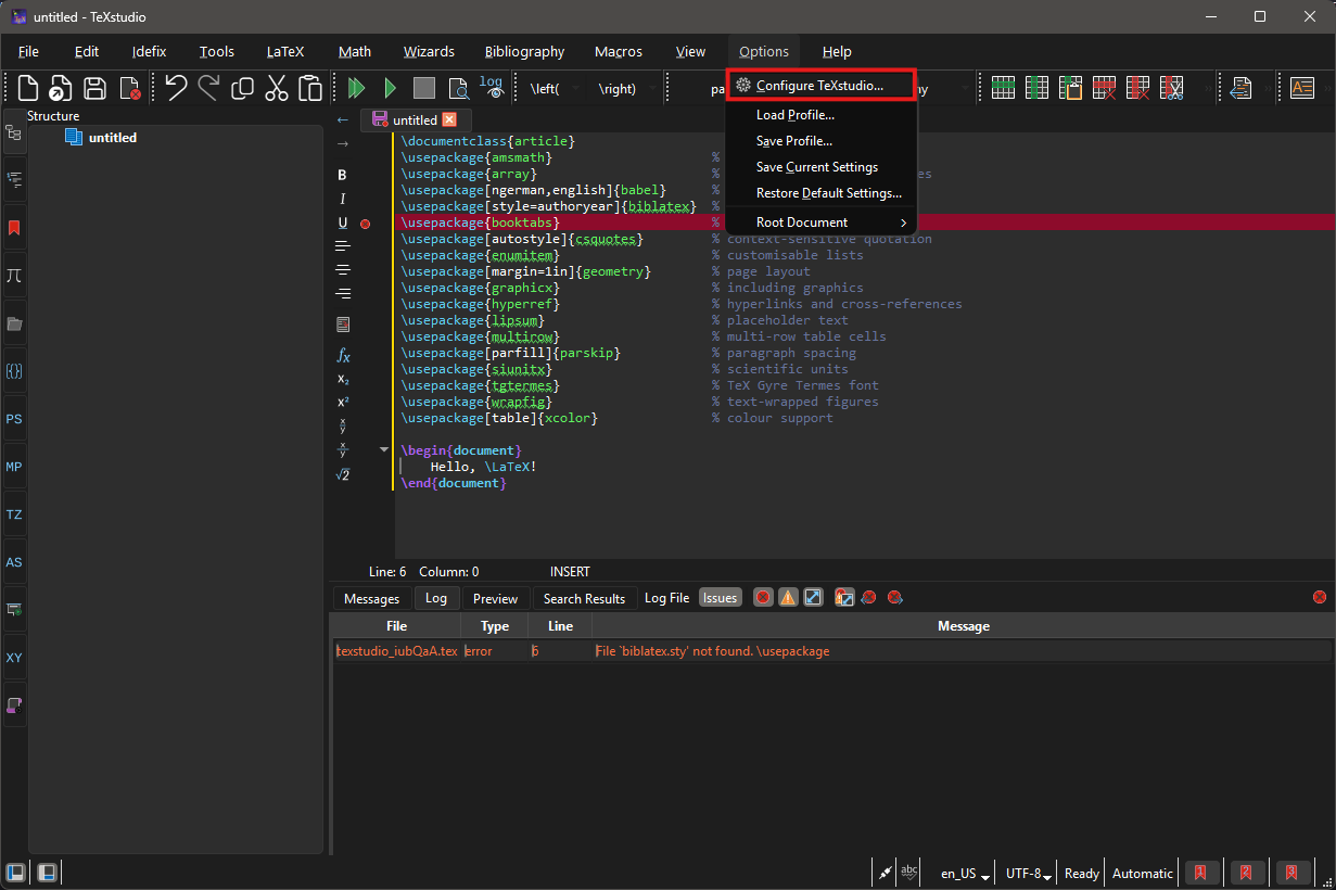 The TeXStudio menu bar with Options highlighted and Configure TeXstudio selected from the drop-down