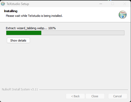The TeXStudio installer on Windows showing the installation progress
