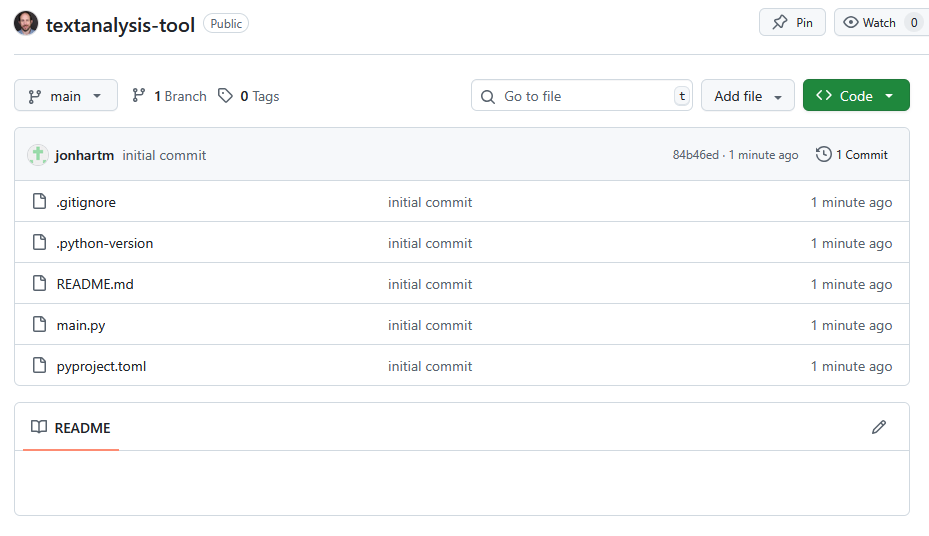 The Github interface showing the initial commit