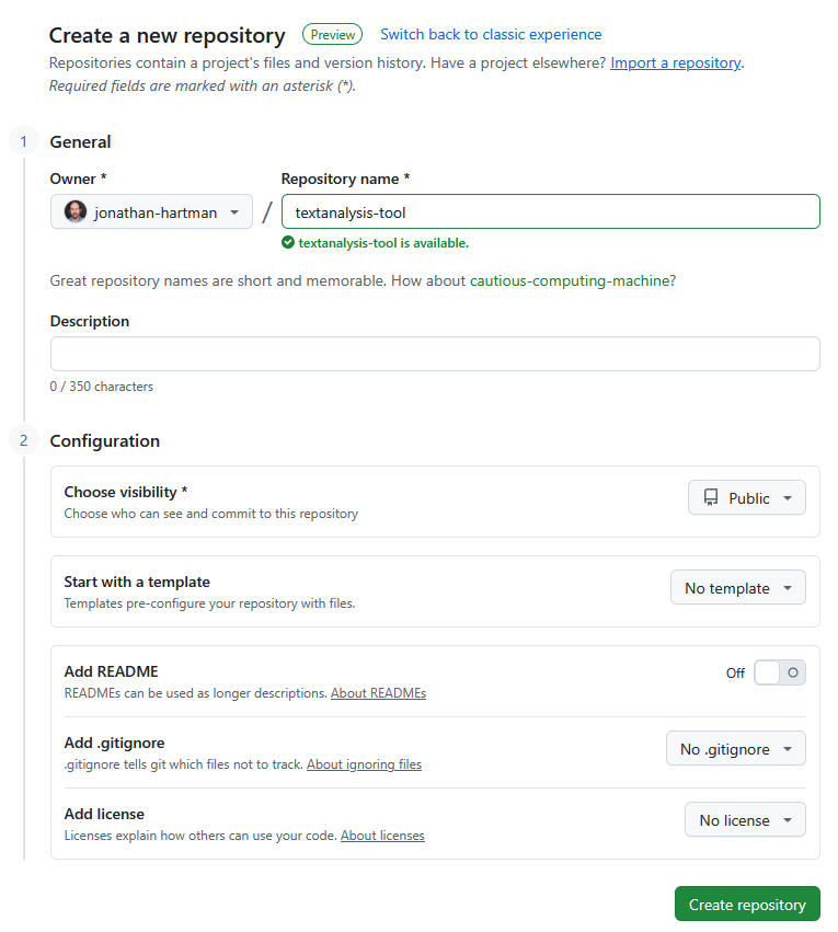 The Github interface for creating a new repository