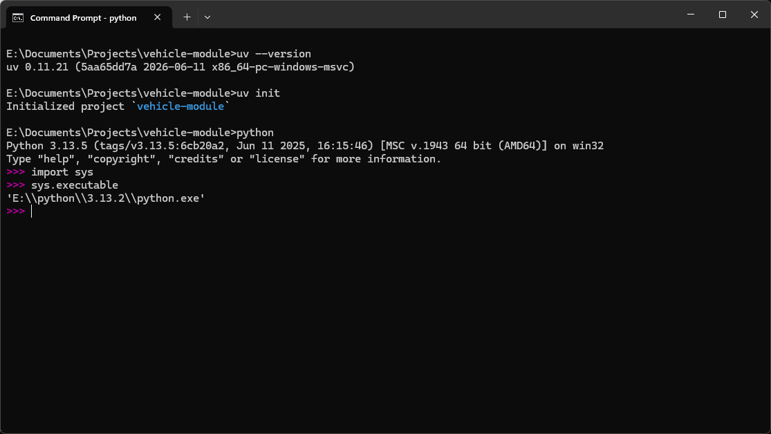 The output of the "sys.executable" command showing the location of the python executable before activating the virtual environment