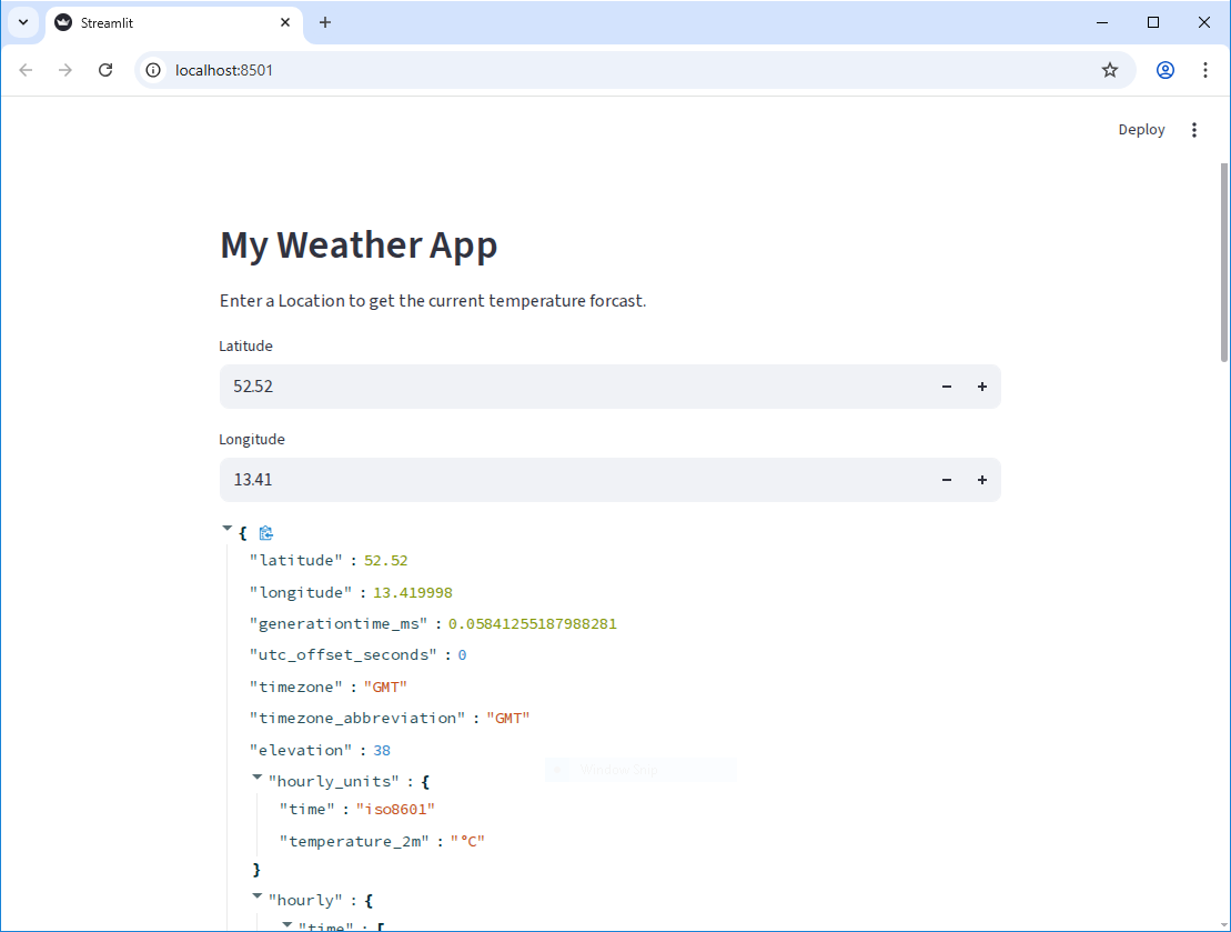 Raw JSON data from the Open-Meteo API displayed in a Streamlit app, with number input widgets for latitude and longitude.