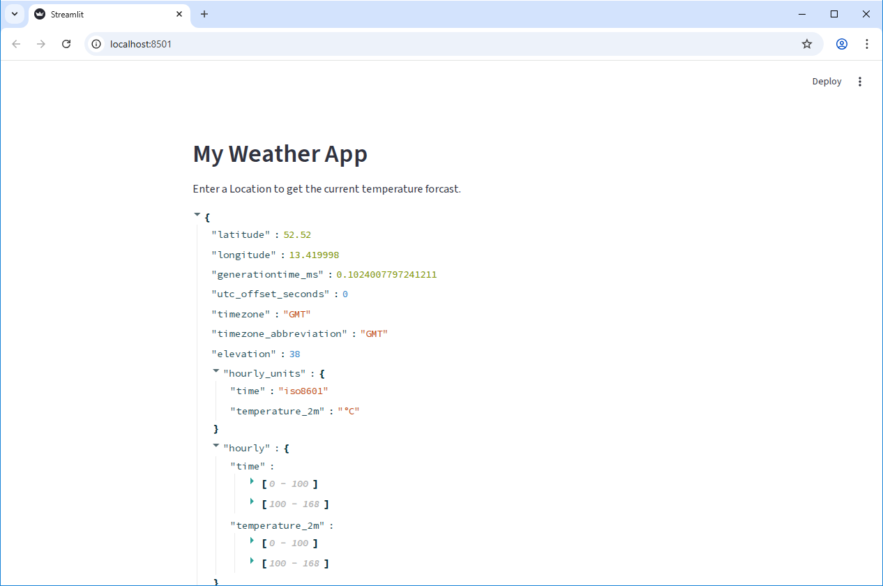Raw JSON data from the Open-Meteo API displayed in a Streamlit app.